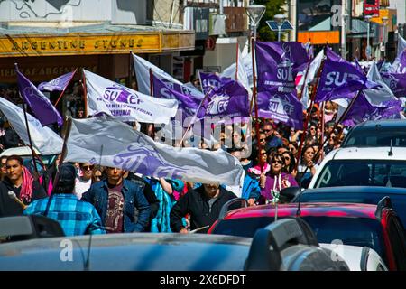 Una marcia di protesta degli insegnanti a Ushuaia subito dopo l'elezione del presidente Javier Milea. Foto Stock