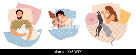 Persone felici e rilassate che si coccolano riposando con gli animali domestici a letto Illustrazione Vettoriale