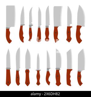 Set di coltelli da cucina. Coltello con impugnatura in legno dal design piatto. Icone del concetto di cucina. Illustrazione vettoriale Illustrazione Vettoriale