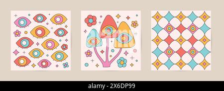 Scheda hippie retrò in stile anni Settanta, modelli per poster con simpatici funghi, design Eyes at Square. Illustrazione Vettoriale