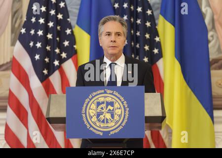 KIEV, UCRAINA - 14 MAGGIO 2024 - il Segretario di Stato americano Antony Blinken tiene un discorso presso l'Istituto Politecnico di Kiev Ihor Sikorsky, Kiev, capitale dell'Ucraina Foto Stock
