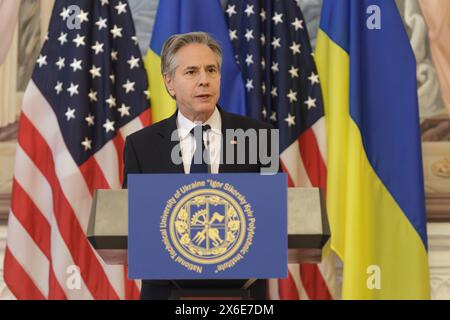 KIEV, UCRAINA - 14 MAGGIO 2024 - il Segretario di Stato americano Antony Blinken tiene un discorso presso l'Istituto Politecnico di Kiev Ihor Sikorsky, Kiev, capitale dell'Ucraina Foto Stock