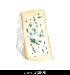 Blocchetto di delizioso formaggio blu, latte morbido. Illustrazione disegnata a mano per il cibo ad acquerello isolata su sfondo bianco. Perfetto per il menu Foto Stock