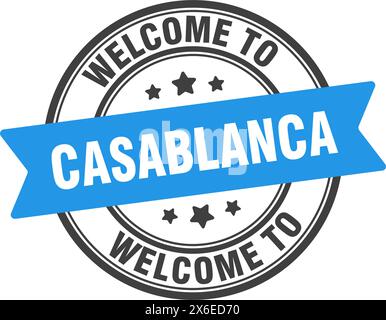 Benvenuto al francobollo di Casablanca. Cartello rotondo Casablanca isolato su sfondo bianco Illustrazione Vettoriale