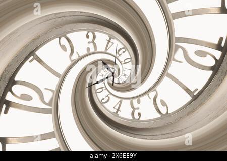 Infinito e altri concetti correlati al tempo. Orologio bianco ritorto a spirale, con motivo frattale Foto Stock