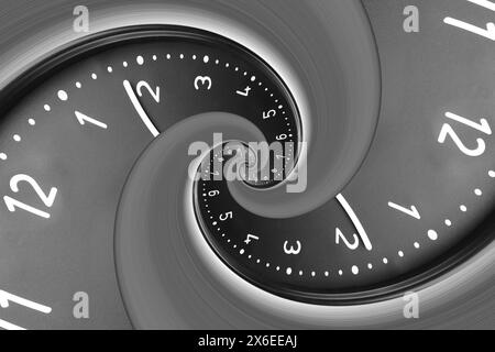 Infinito e altri concetti correlati al tempo. Quadrante nero ritorto a spirale, con motivo frattale Foto Stock