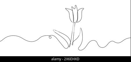 Astratta e minimalista, questa illustrazione vettoriale presenta un unico disegno a linea continua di un fiore di tulipano. Illustrazione Vettoriale
