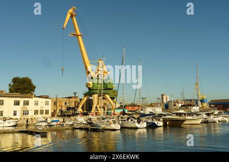 Klaipeda, Lituania - 11 agosto 2023: Una gru è seduta tranquillamente in acqua, le sue lunghe gambe sono parzialmente sommerse mentre osserva i suoi dintorni. Foto Stock