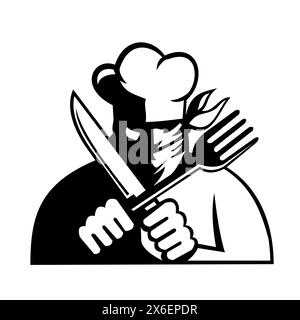 Immagine della mascotte di uno chef cuoco o di un bandito panettiere che indossa una maschera che tiene un coltello e una forchetta visti dalla parte anteriore su sfondo isolato fatto da cartone animato re Illustrazione Vettoriale