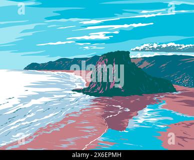 Poster art WPA di Lion Rock, un promontorio roccioso situato sulla Piha Beach nella zona Waitakere Ranges di Auckland, nuova Zelanda, realizzato in Works Project admini Illustrazione Vettoriale