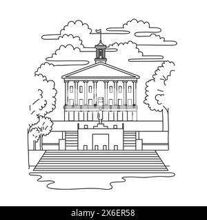 Illustrazione mono line del Campidoglio dello stato del Tennessee, situato a Nashville, Tennessee, Stati Uniti, realizzata in stile Liberty. Illustrazione Vettoriale