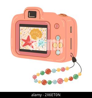 Fotocamera digitale rosa con foto. Fotocamera fotografica disegnata a mano stile piatto e alla moda isolata su bianco. Fotocamera digitale. Vista posteriore, schermata posteriore, ripresa della vita marina. Illustrazione vettoriale Illustrazione Vettoriale