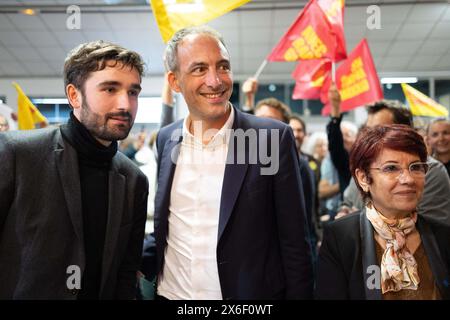 Camon, Francia. 14 maggio 2024. Candidato di spicco del Partito socialista francese (PS) e del Partito Editoriale per le elezioni europee e deputato francese Raphael Glucksmann durante una riunione, in vista delle prossime elezioni europee, a Camon, vicino ad Amiens, Francia settentrionale, il 14 maggio, 2024. foto di Raphael Lafargue/ABACAPRESS. COM credito: Abaca Press/Alamy Live News Foto Stock