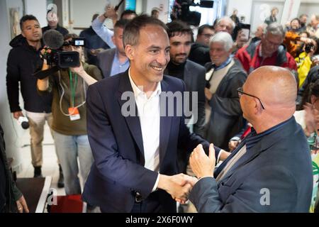 Camon, Francia. 14 maggio 2024. Candidato di spicco del Partito socialista francese (PS) e del Partito Editoriale per le elezioni europee e deputato francese Raphael Glucksmann durante una riunione, in vista delle prossime elezioni europee, a Camon, vicino ad Amiens, Francia settentrionale, il 14 maggio, 2024. foto di Raphael Lafargue/ABACAPRESS. COM credito: Abaca Press/Alamy Live News Foto Stock
