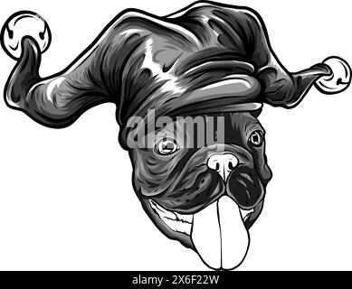 Contorno decorativo ritratto di carino pug cane vettore illustrazione in colore nero isolato su sfondo bianco. Illustrazione Vettoriale