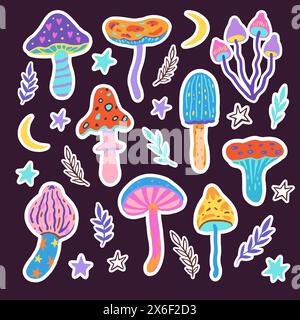Set di adesivi con funghi magici. Illustrazione vettoriale di funghi di cartoni animati, stelle e piante in uno stile psichedelico brillante. Illustrazione Vettoriale
