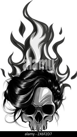 Cranio sul fuoco con Flames Vector Illustration. cranio fuoco bianco e nero Illustrazione Vettoriale
