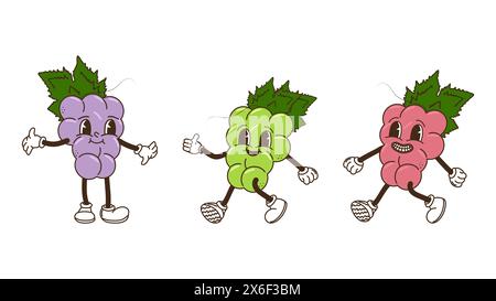 Frutta e frutti di bosco in stile goffrato. Uva verde viola e rosa. Personaggi alla moda retrò, mascotte comica. Poster banner di design. Y2K Hippie anni '70, '80 Illustrazione vettoriale. Illustrazione Vettoriale