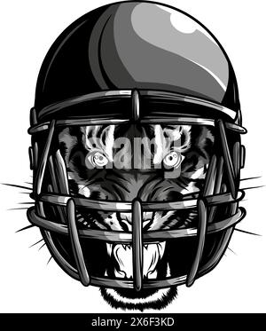 Illustrazione vettoriale della testa di tigre monocromatica sul casco da calcio Illustrazione Vettoriale