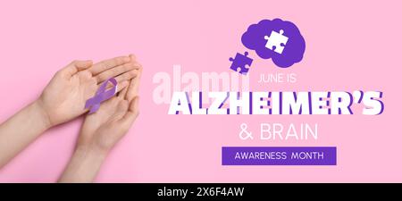 Banner per il mese di sensibilizzazione sull'Alzheimer e sul cervello con le mani che tengono il nastro viola Foto Stock
