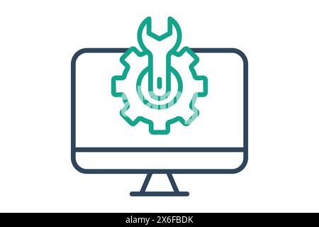 icona impostazioni computer. computer con ingranaggio e chiave. icona relativa alla tecnologia dell'informazione. stile icona linea. illustrazione vettoriale elemento tecnologico Illustrazione Vettoriale
