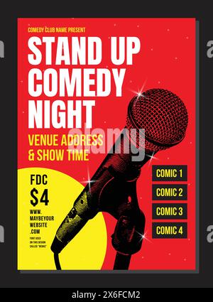 Poster dal vivo Stand Up Comedy Night, per commedie comiche o stand up, poster o volantini per spettacoli dal vivo Illustrazione Vettoriale