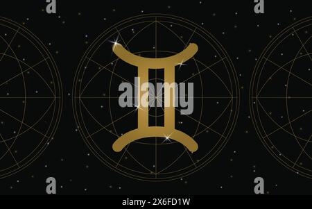 Gemini Horoscope Symbol, Astrology icon, Gemini è il terzo segno astrologico dello zodiaco. Sotto lo zodiaco tropicale. con stelle e galassia backgro Illustrazione Vettoriale