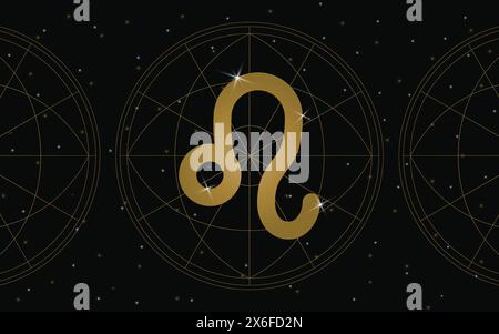 Leo Horoscope Symbol, Astrology icon, Leo è il quinto segno dello zodiaco. con stelle e sfondo galassico Illustrazione Vettoriale