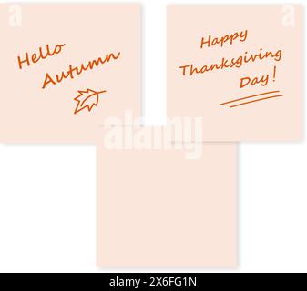 Ciao Autumn Happy Thanksgiving Day scrittura a mano lettere e pagina vuota adesivi Note Set di 3 EPS isolati EPS Card, poster, banner, brochure, promo, annuncio pubblicitario o web, etichetta, informazioni sul prezzo Illustrazione Vettoriale