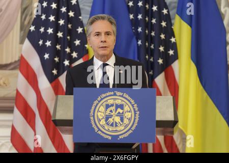 Non esclusiva: KIEV, UCRAINA - 14 MAGGIO 2024 - il Segretario di Stato americano Antony Blinken tiene un discorso presso l'Istituto Politecnico di Ihor Sikorsky Kyiv, Foto Stock