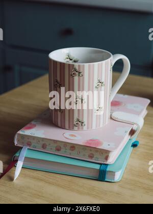 Primo piano verticale di una simpatica tazza appoggiata su due taccuini sul tavolo della cucina, il tutto in colori pastello di blu, turchese e rosa. Foto Stock