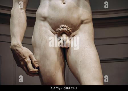 Firenze, Italia - 31 dicembre 2023: David, un capolavoro di scultura rinascimentale italiana, creato dal 1501 al 1504 da Michelangelo, alla Galleria dell'Accademia Foto Stock