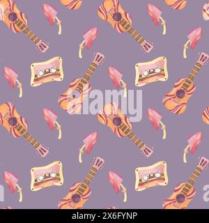 Motivo senza cuciture con chitarra retrò, nastro e funghi in acquerello. Clipart vintage in tessuto musicale hippie. Stampa nostalgica disegnata a mano per abbigliamento, carta da parati, confezionamento e rottamazione Foto Stock