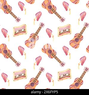 Motivo senza cuciture con chitarra retrò, nastro e funghi in acquerello. Clipart vintage in tessuto musicale hippie. Stampa nostalgica disegnata a mano per abbigliamento, carta da parati, confezionamento e rottamazione Foto Stock