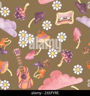 Motivo senza cuciture con chitarra retrò, nastro, nuvole e funghi in acquerello. Clipart vintage in tessuto musicale hippie. Stampa nostalgica disegnata a mano per abbigliamento, carta da parati, confezionamento e rottamazione Foto Stock