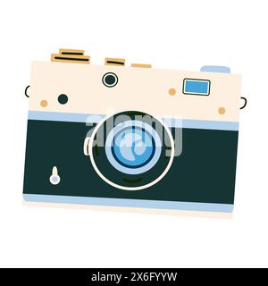 Fotocamera in stile retrò, illustrazione isolata. Fotocamera piatta o cartoni animati dal design antico per la fotografia. Illustrazione Vettoriale