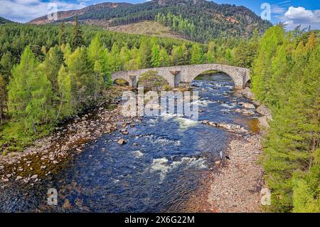 Old Bridge of Dee o Invercauld Bridge vicino alla strada principale da Braemar a Ballater e persona che pesca il fiume con il cane in primavera Foto Stock