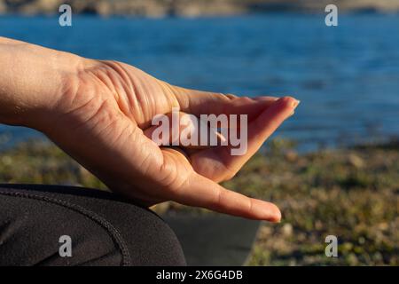 La mano di una donna che fa un mudra in natura con un lago alle spalle Foto Stock