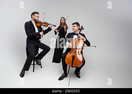 Lunghezza completa di musicisti che suonano violoncello e violini Foto Stock