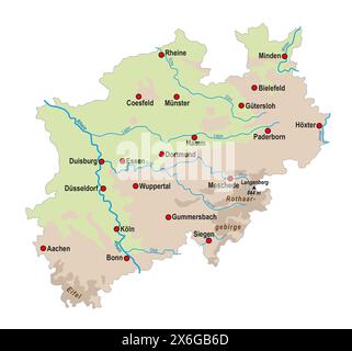 Semplice mappa panoramica della Renania settentrionale-Vestfalia, Germania Foto Stock