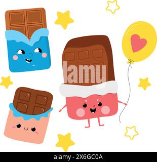 Set di simpatiche barrette di cioccolato cartoni animati Illustrazione Vettoriale