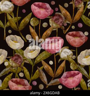 Delicate peonie decorative di colore rosa e crema con fogliame verde, arte digitale disegnata a mano in stile acquerello, motivo senza cuciture su sfondo scuro per la stampa su tessuto e carta Foto Stock