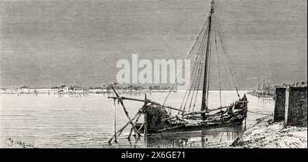 Barca araba e vista sul fiume Tigri ad Amara, Iraq. Medio Oriente. Disegno di Barclay. Persia, Chaldea e Susiana 1881-1882 di Jane Dieulafoy (1851 - 1916) le Tour du Monde 1886 Foto Stock