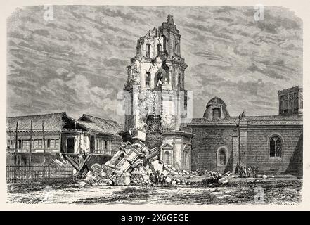 Torre della cattedrale dopo il terremoto del 18 luglio 1880 a Manila, Filippine, Asia meridionale. Disegno di Dieudonne Lancelot (1823 - 1895) Luzon e Palawan, sei anni di viaggio nelle Filippine di Alfred Marche (1844-1898) le Tour du Monde 1886 Foto Stock