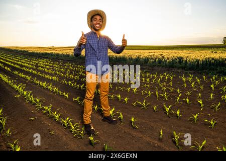 L'agricoltore africano si trova nel suo campo di mais in crescita. È soddisfatto del progresso delle piante. Foto Stock