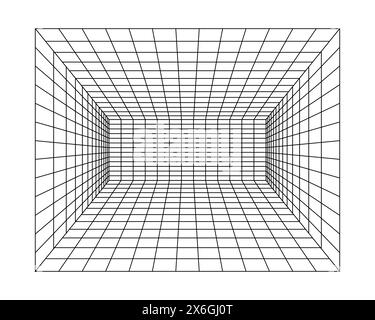 Parete geometrica astratta. Griglia isometrica. Cerchio, disegno, parete, forma, illusione 3D. Sfondo griglia prospettiva sala Illustrazione Vettoriale