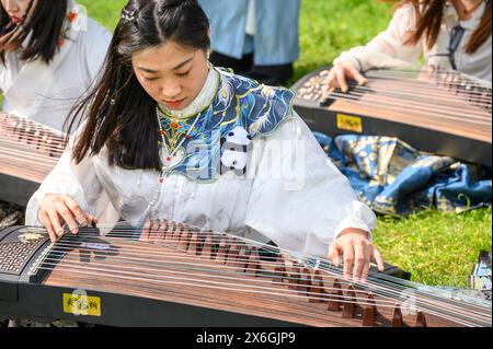 Londra, Regno Unito. Gruppo di musicisti cinesi a St James's Park che suonano il Guzheng, uno strumento tradizionale a 21 corde Foto Stock