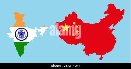 Cina e India nei colori della bandiera nazionale. Illustrazione della mappa dei paesi asiatici. Foto Stock