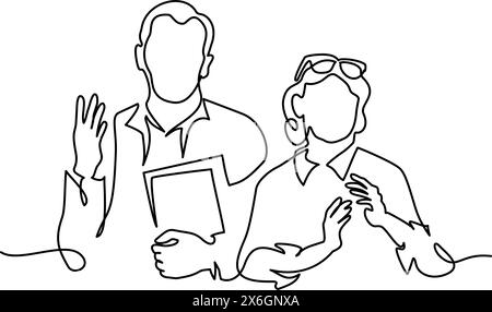 Uomo e donna salutano le mani in alto. Disegno continuo su una linea. Illustrazione Vettoriale