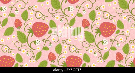Design di un motivo di fragole senza cuciture con deliziose bacche, fiori e foglie verdi. Design ripetuto della superficie applicabile a indumenti per bambini, tessuti, carta da imballaggio e altri scopi. Illustrazione Vettoriale